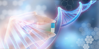 蓝色科技感医疗科技药品手拿药品DNA螺旋背景手上的药品与分子医疗